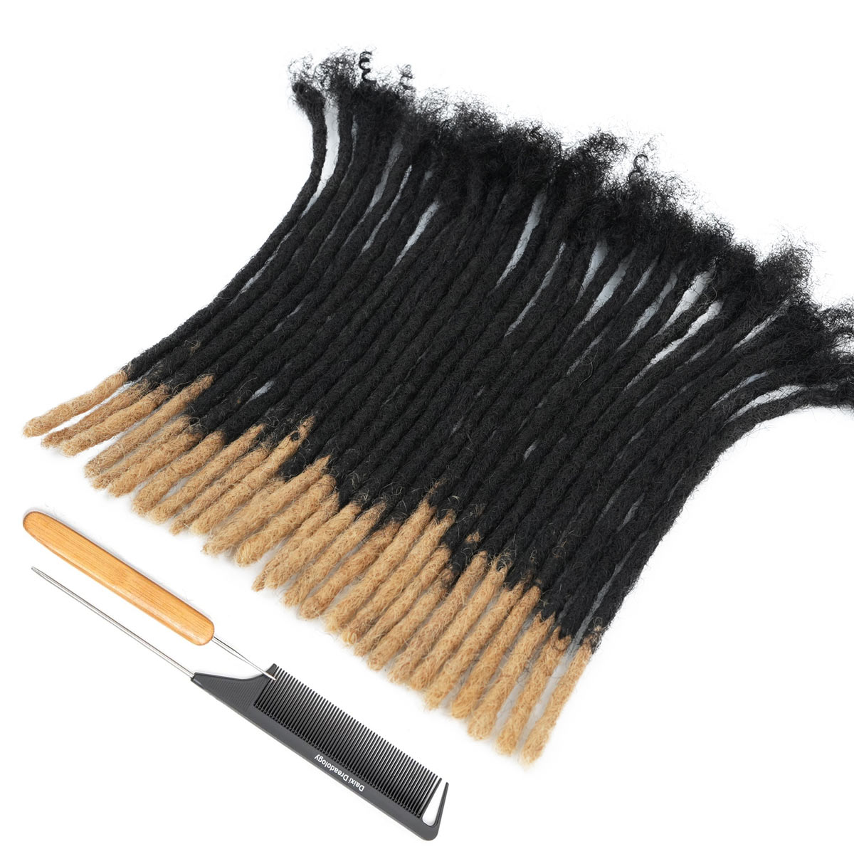 Black 0.6cm Soft Locs human hair extensions with natural-looking ends and styling tools.