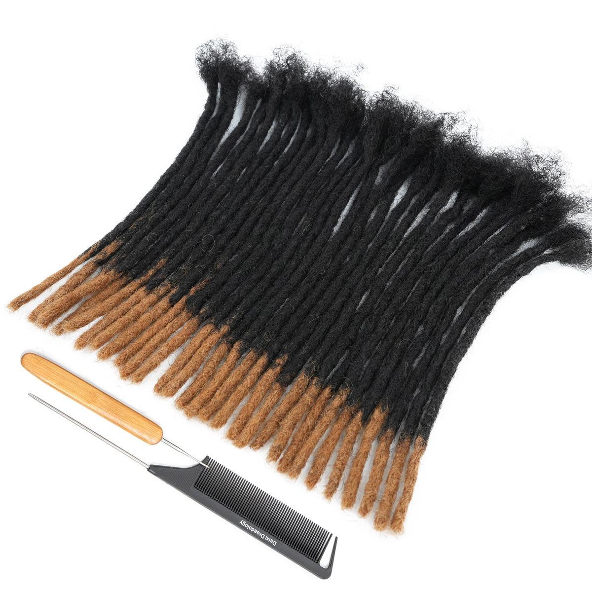0.6cm Soft Locs human hair extensions, black with brown ends, includes dreadology comb & tool.
