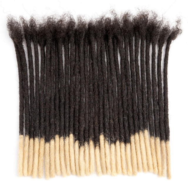 Handmade human hair dreadlocks extensions with T1B/613 dark brown to blonde tips.