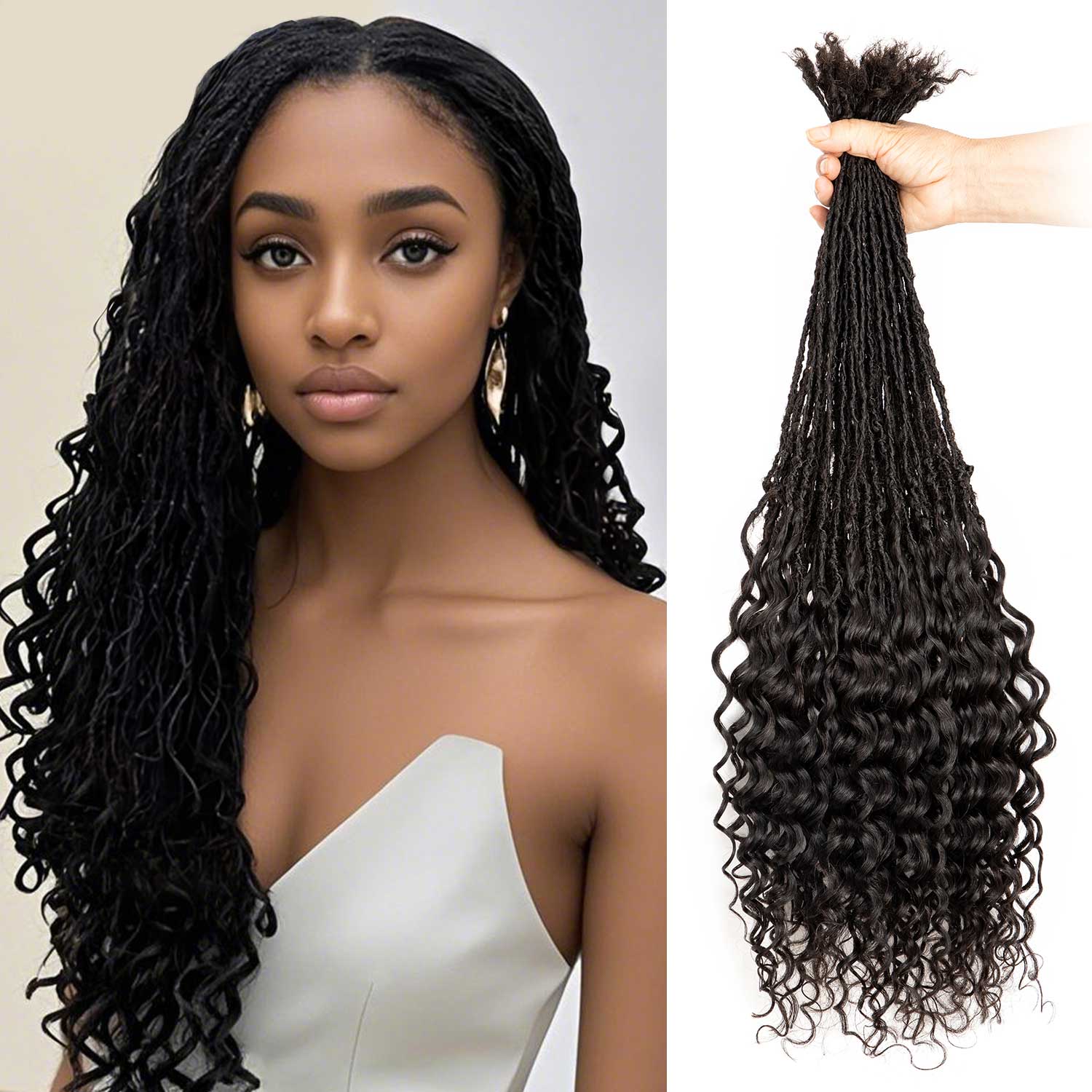 Sister Locs Interlocked with Curly Ends 100% Real Human Hair Loc Extensions, Full Handmade Natural Black