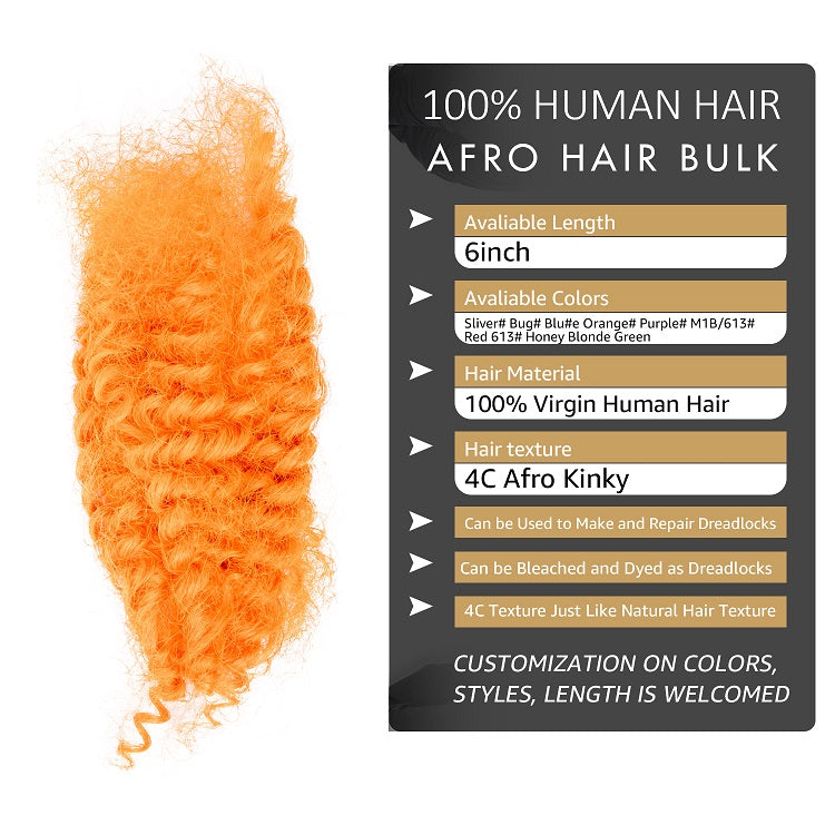 Orange Afro Kinkys Human Hair Bulk for Dreadlocks, Repair Extensions 6 Inch