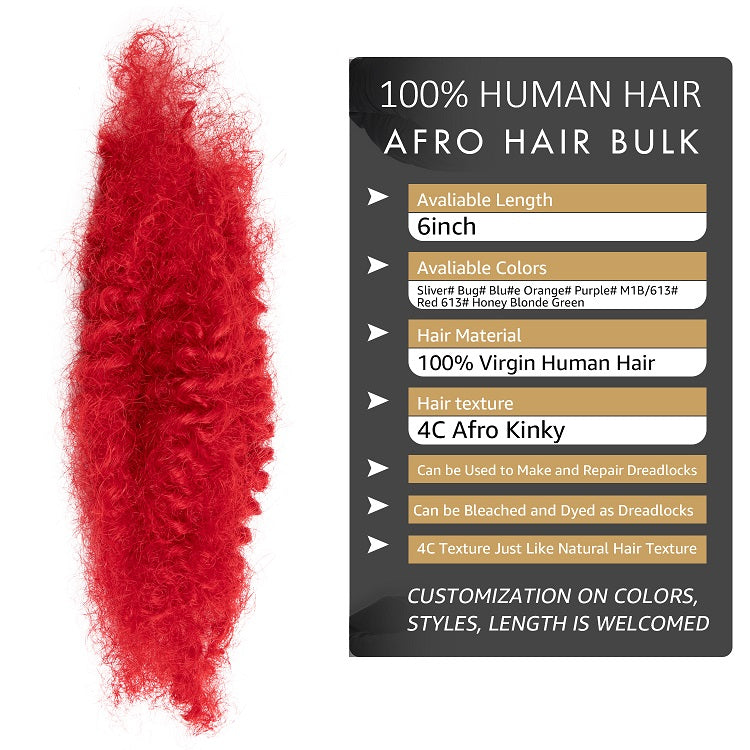 Red Afro Kinkys Human Hair Bulk for Dreadlocks, Repair Extensions 6 Inch