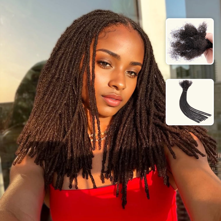0.4cm Thickness Dreadlocks Extensions Human Hair Dreads Locs Hair Extensions For Men and Women 4-18 Inch - Model with 0.4cm thickness dreadlocks extensions. Close-up of loose dreadlocks bundle and tied dreadlocks bundle.