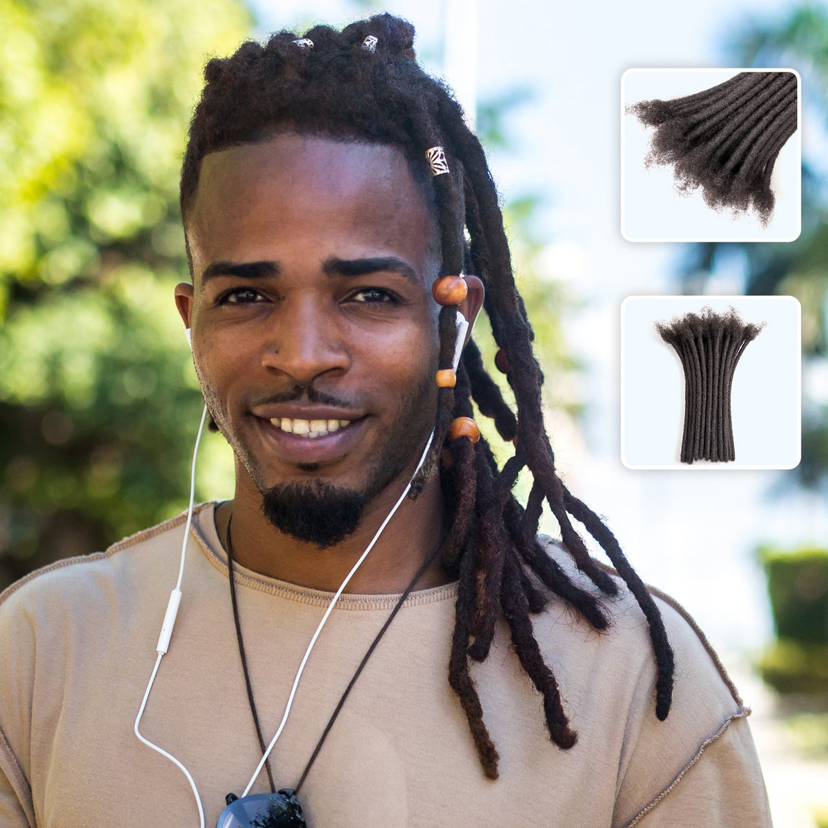 0.8cm Human Hair Loc Extensions Locs Dreads Hair Extensions For Men and Women (6-18 Inch) - Man with 0.8cm human hair loc extensions, showing close-ups of the dreadlocks in two styles.