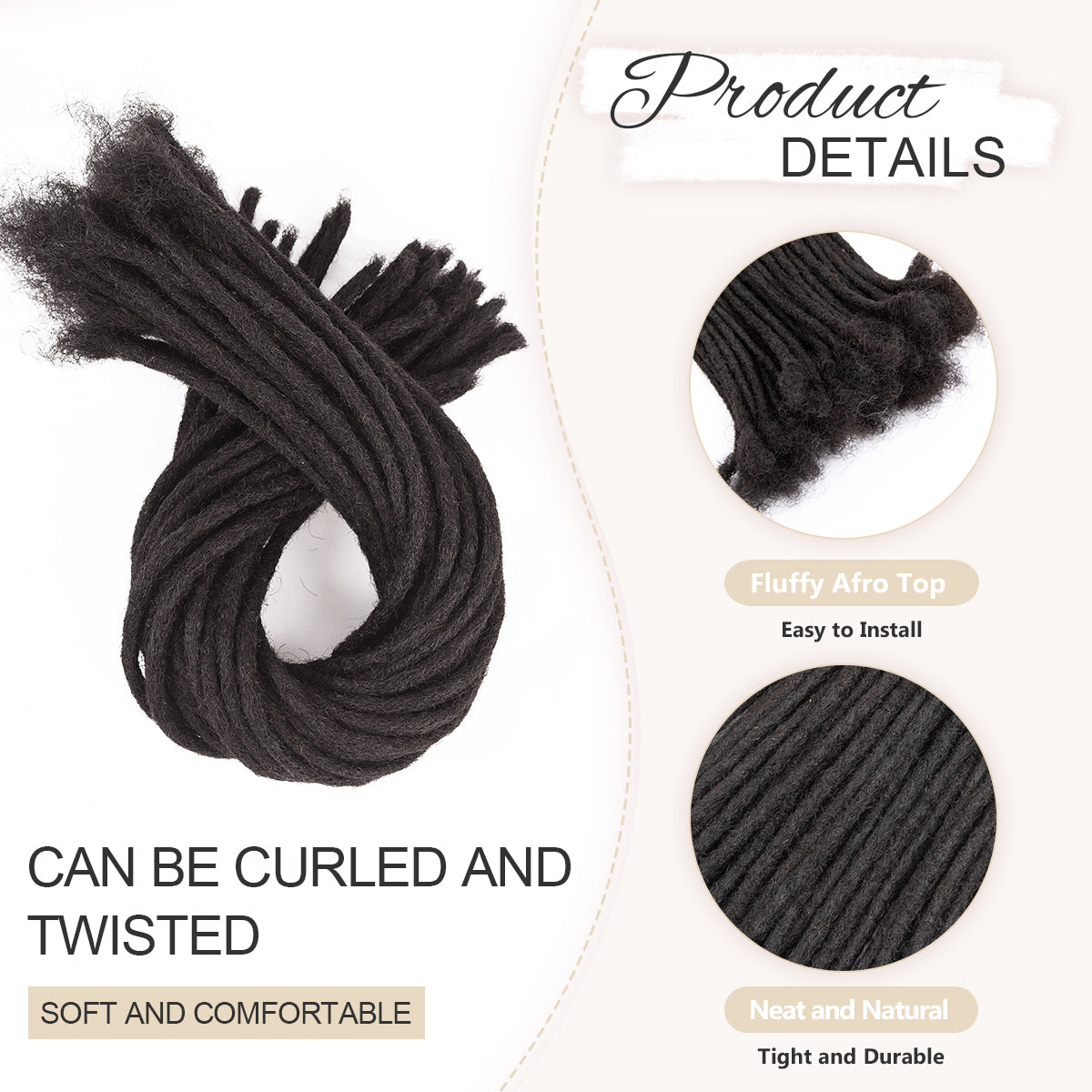 0.4cm Thickness Dreadlocks Extensions Human Hair Dreads Locs Hair Extensions For Men and Women 4-18 Inch - Dark human hair dreadlock extensions, 0.4cm thickness, fluffy afro top, neat & durable crochet locs.