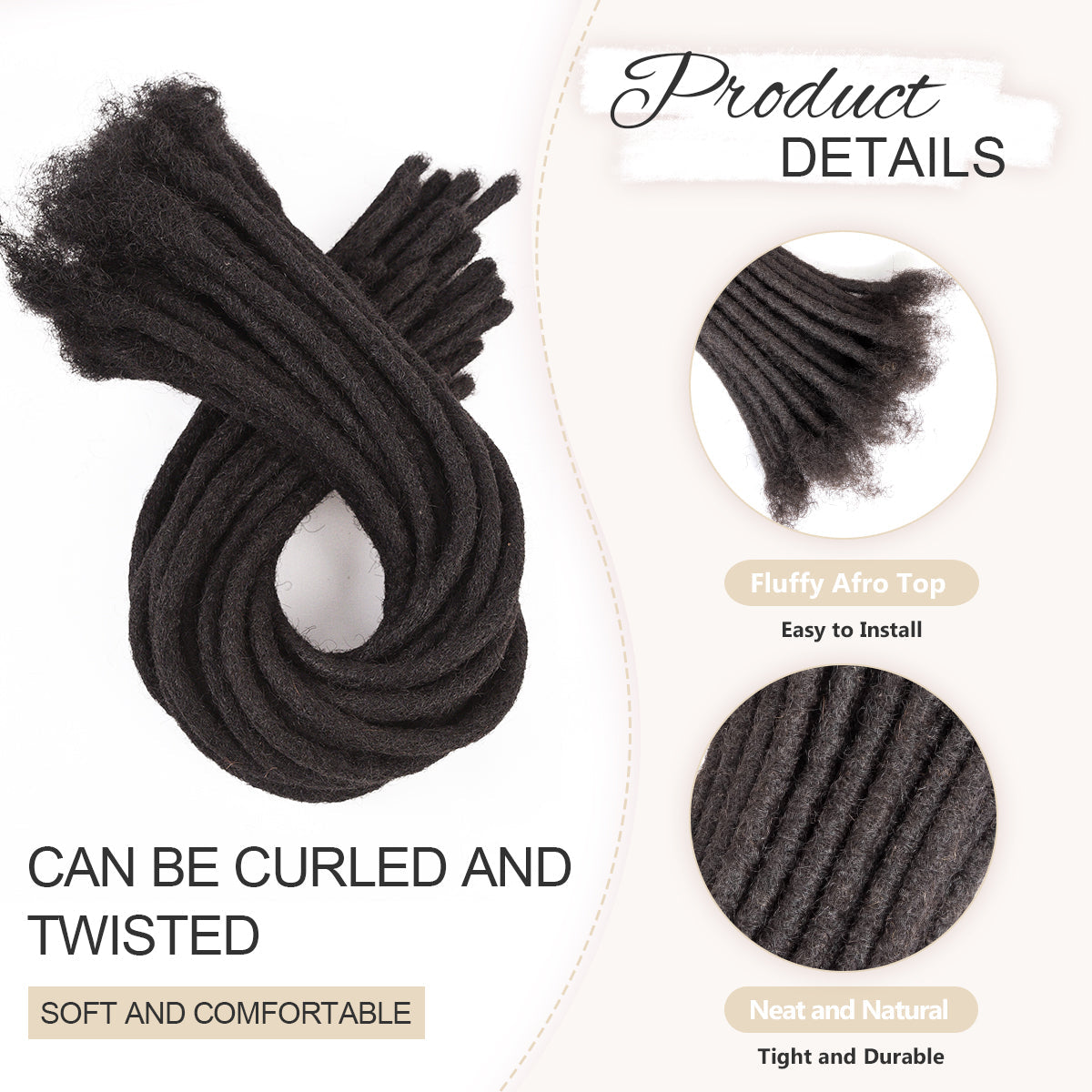 0.8cm Human Hair Loc Extensions Locs Dreads Hair Extensions For Men and Women (6-18 Inch) - 0.8cm human hair loc extensions with fluffy afro top, can be curled and twisted, soft, comfortable, neat, and natural.
