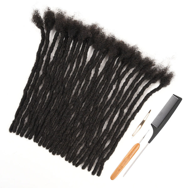 Fusion Locs 100％ Human Hair Loc Extensions, Air Locs Lighter and Softer, 0.6cm Thickness - Fusion Locs 100% human hair dreadlock extensions, natural black, with installation tools.