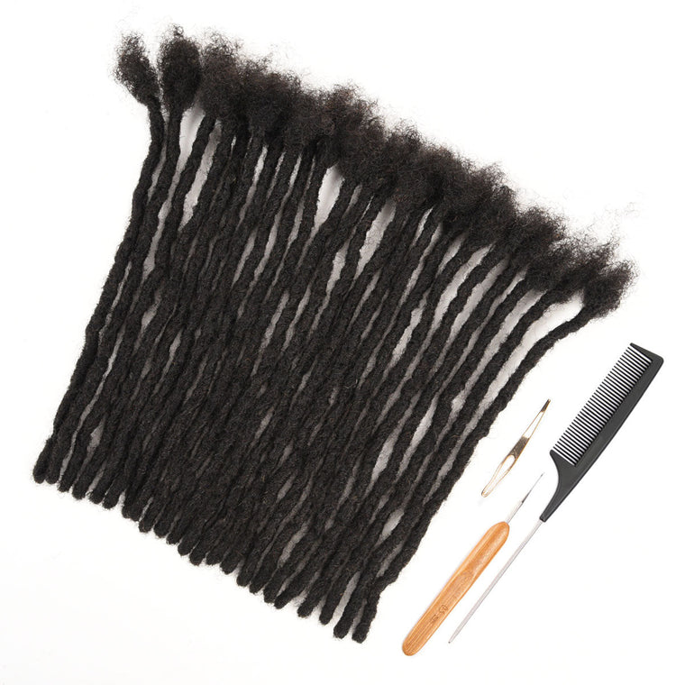 Fusion Locs 100％ Human Hair Loc Extensions, Air Locs Lighter and Softer, 0.6cm Thickness - Fusion Locs 100% human hair dreadlock extensions, natural black, with installation tools.