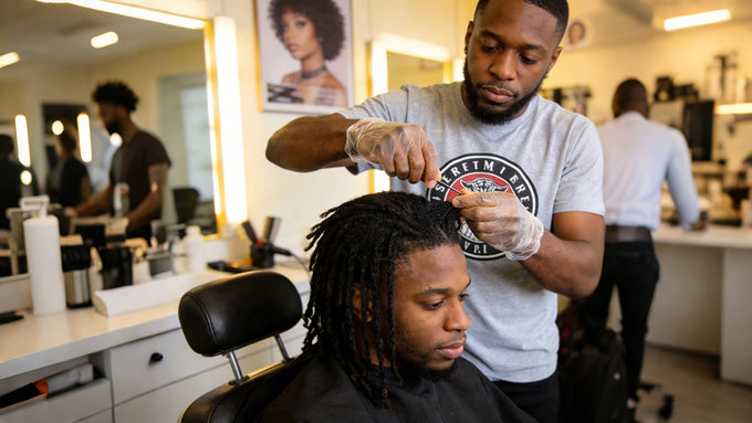 A barber in gloves using a tool to maintain a client's black locs in a barbershop.