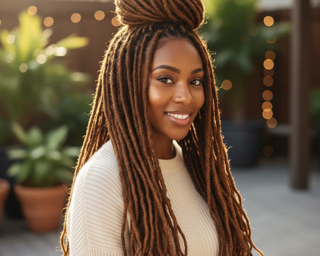 Beautiful woman with long natural human hair dreadlock extensions