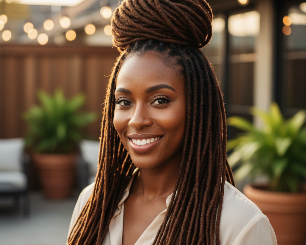 Woman confidently showcasing neat human hair dreadlock extensions