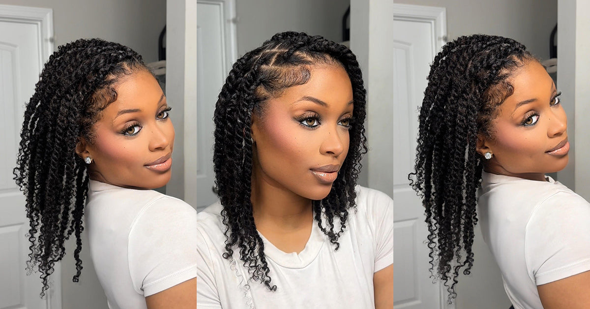 A beautiful Black woman shows off twist braids made from afro hair bulk.