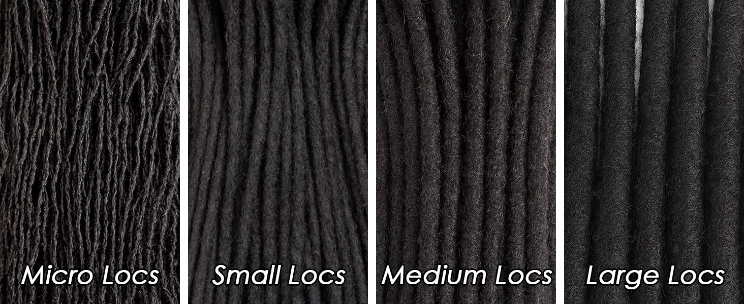 Comparison of different dreadlock sizes - Micro Locs, Small Locs, Medium Locs, and Large Locs