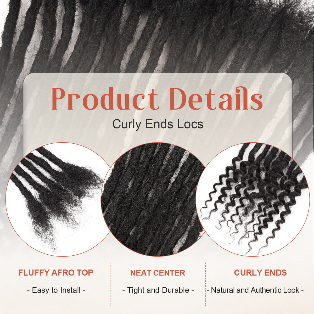 Human Hair Loc Extensions with Curly Ends, Full Handmade Whole Long Hair Production - Black human hair loc extensions with fluffy Afro top, neat center, and natural curly ends.