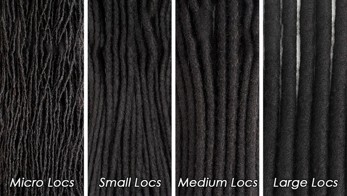 Side-by-side comparison of four dreadlock extension sizes: Micro Locs, Small Locs, Medium Locs, and Large Locs, shown in dark brown human hair