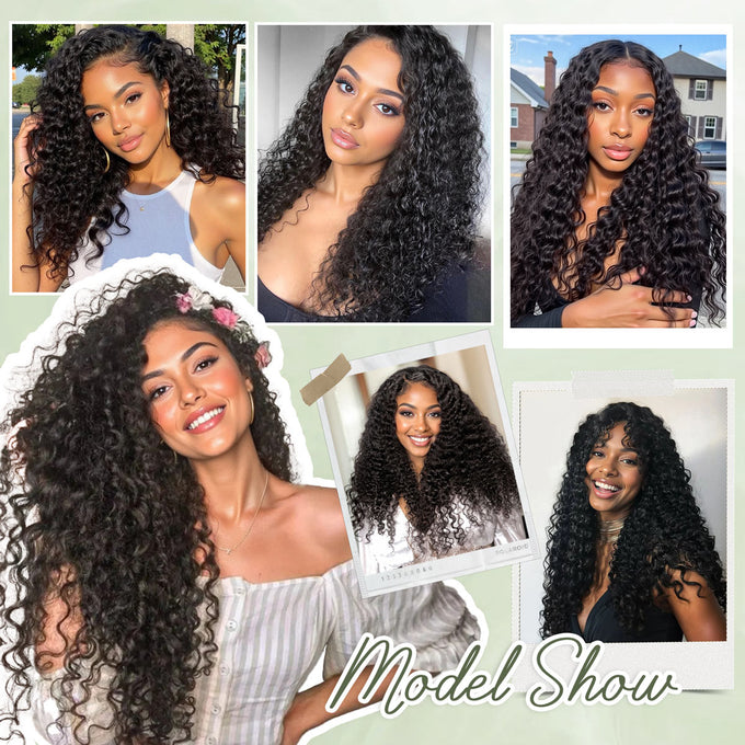 A promotional collage titled "Model Show" featuring five women modeling long, voluminous deep wave curly hairstyles, with some photos framed in Polaroid-style borders to highlight the hair texture
