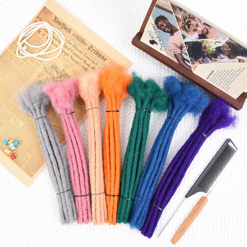 8 Inch Colorful Human Hair Dreads Extensions For Men and Women - Bundles of 8-inch handmade human hair dreadlock extensions in vibrant colors: grey, pink, peach, orange, green, blue, purple.
