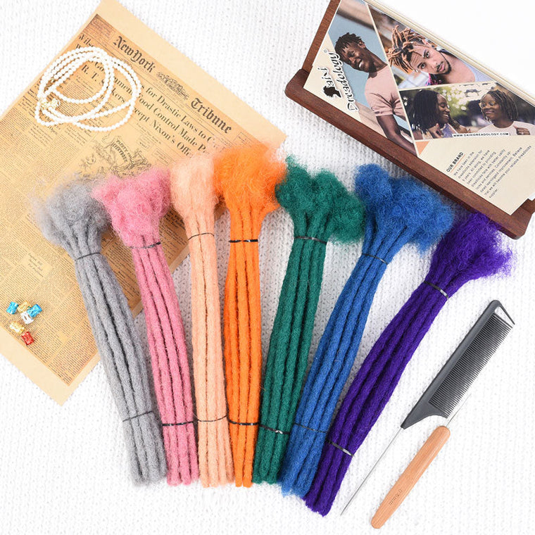 8 Inch Colorful Human Hair Dreads Extensions For Men and Women - Bundles of 8-inch handmade human hair dreadlock extensions in vibrant colors: grey, pink, peach, orange, green, blue, purple.