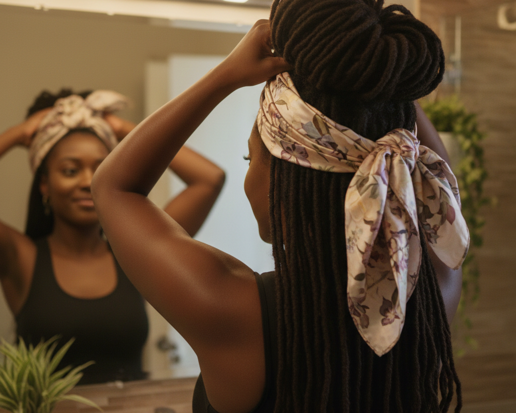Woman with dreadlocks tying her hair into a high bun with a silk scarf for overnight protection, avoiding frizz.