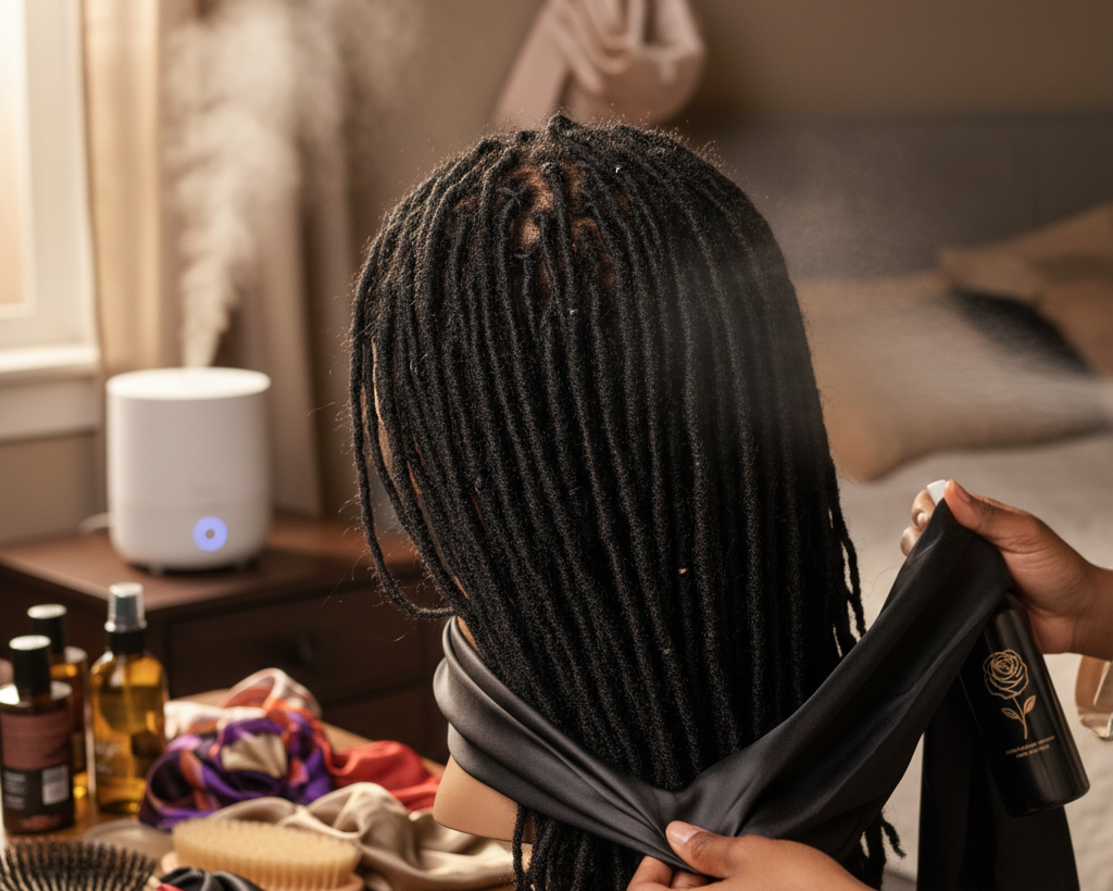 The image shows a mannequin head wearing a long black dreadlock wig, with a humidifier in the background. In the foreground, hands are tying a black silk headband onto the wig, and on the table are hair care products and fabrics.
