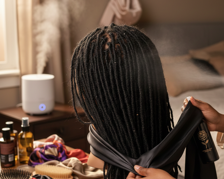 The image shows a mannequin head wearing a long black dreadlock wig, with a humidifier in the background. In the foreground, hands are tying a black silk headband onto the wig, and on the table are hair care products and fabrics.