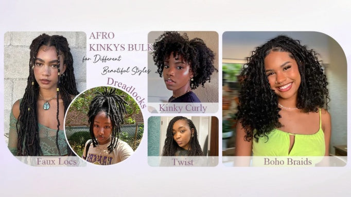 A collage showcasing diverse hairstyles created with Afro Kinkys Bulk hair, including Faux Locs, Dreadlocks, Kinky Curly, Twists, and Boho Braids on five models