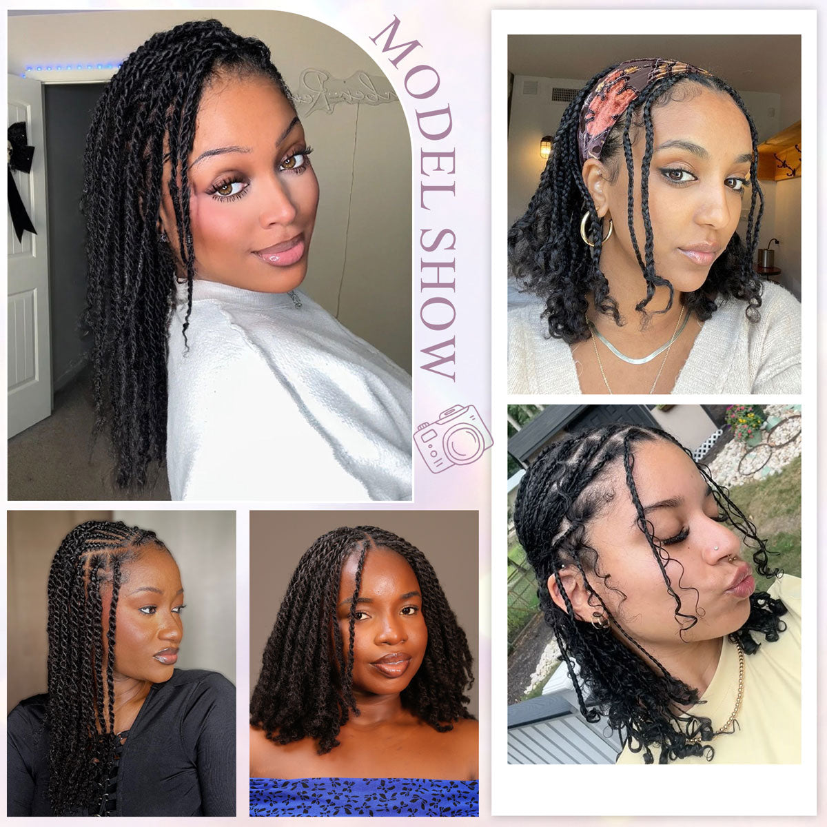 A collage titled "Model Show" featuring five women displaying various hairstyles created with the extensions, including long twists, shoulder-length bobs, and styles with curly ends