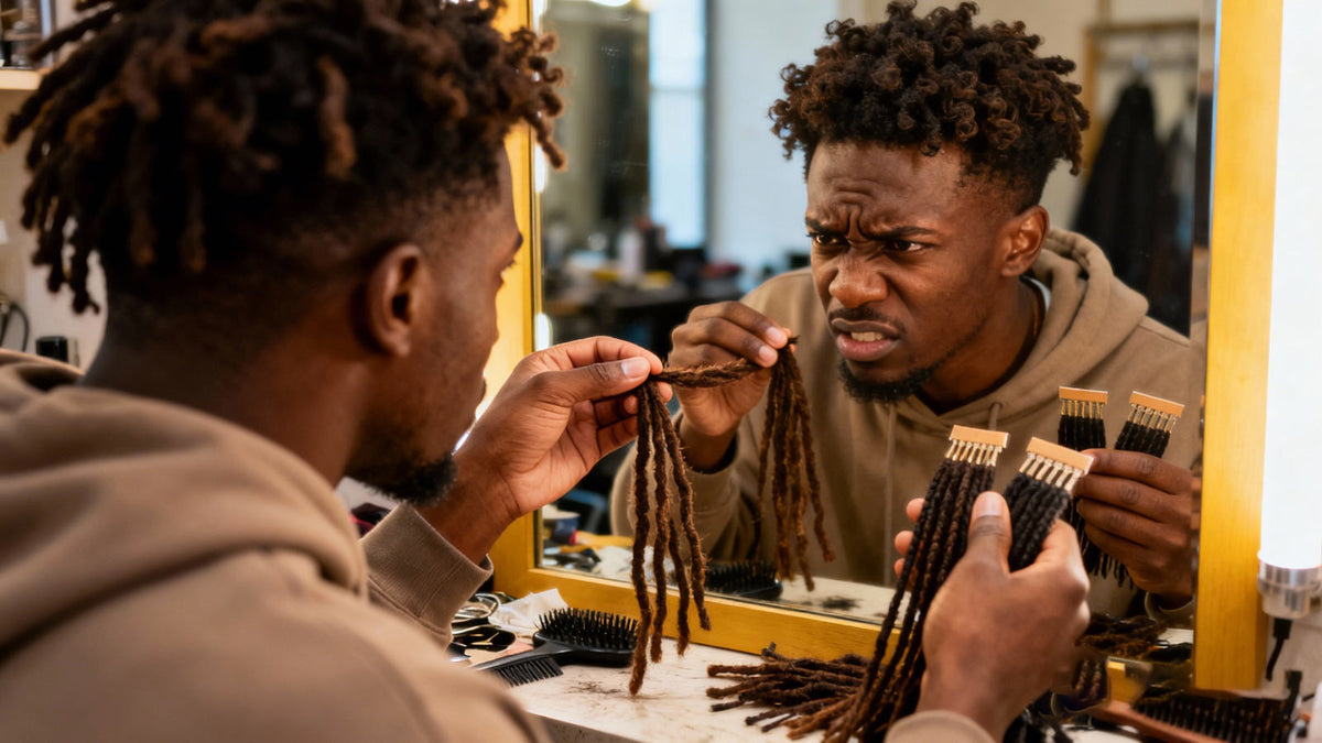 A black male is struggling to decide how long to make his dreadlocks.