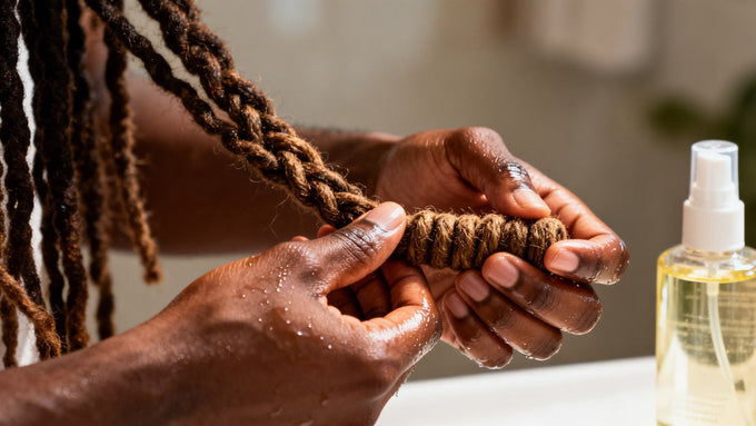 A close-up shot of a person's hands twisting a dreadlock to maintain its shape, with a spray bottle of hair product visible in the blurred background
