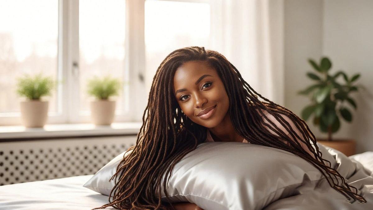 Woman with dreadlocks waking up in bed on a satin pillowcase, showcasing healthy locs after a good night's sleep.