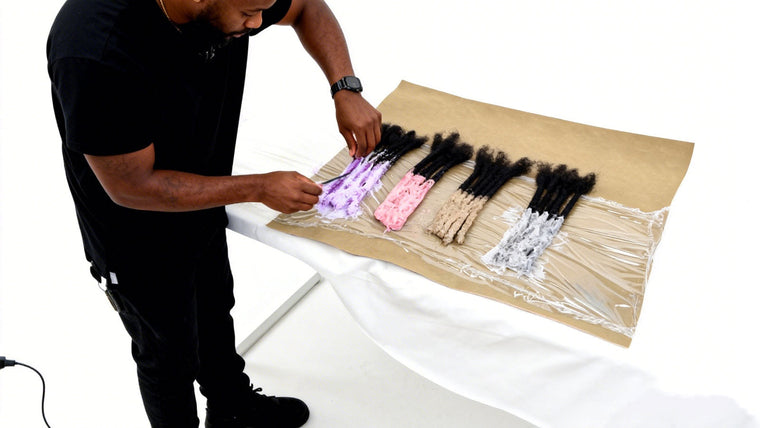 A hair professional performing a strand test on multiple bundles of black loc extensions using different colors of dye and bleach on a protected workspace