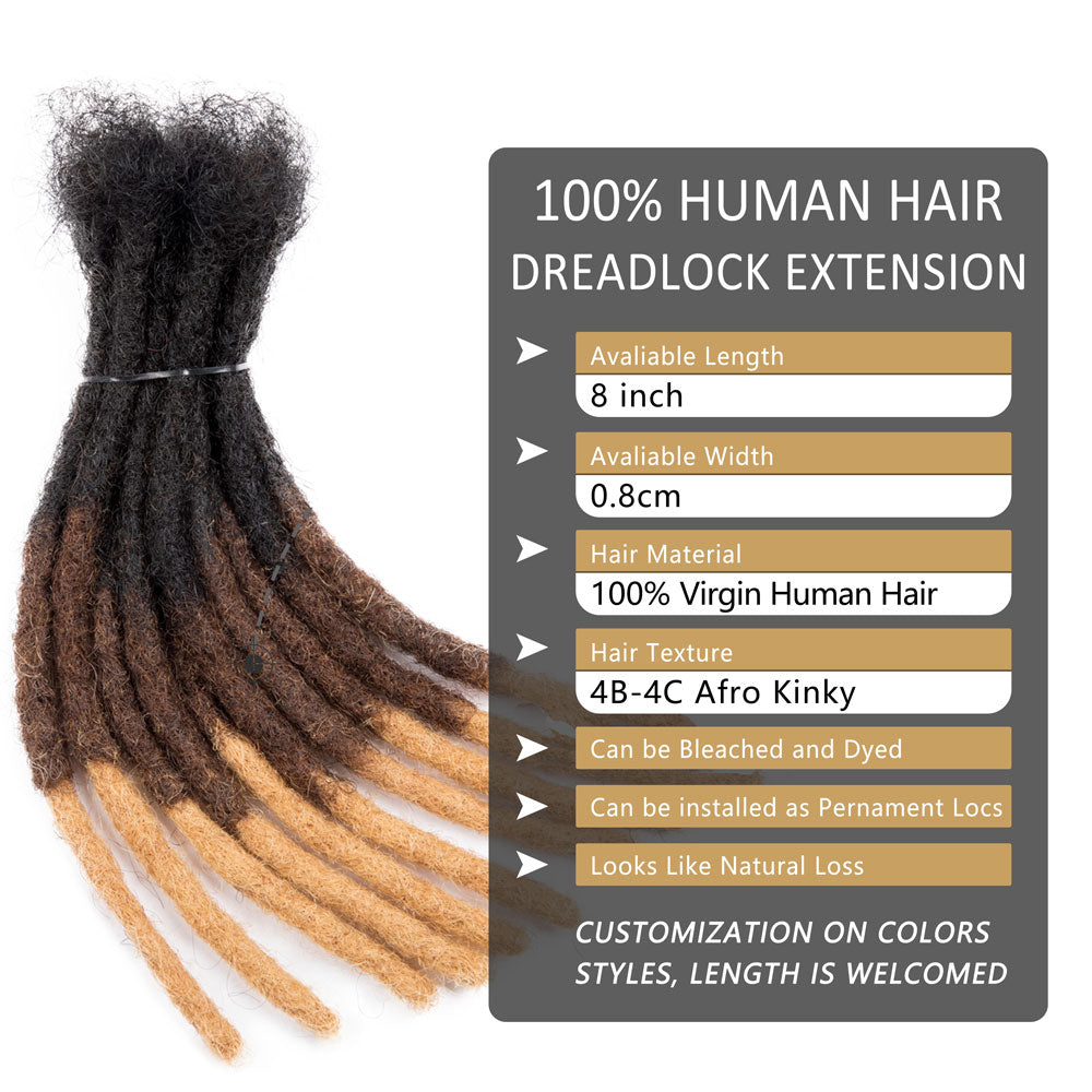 Extensions de dreadlocks pré-colorées cheveux humains 8 pouces 0,8 cm