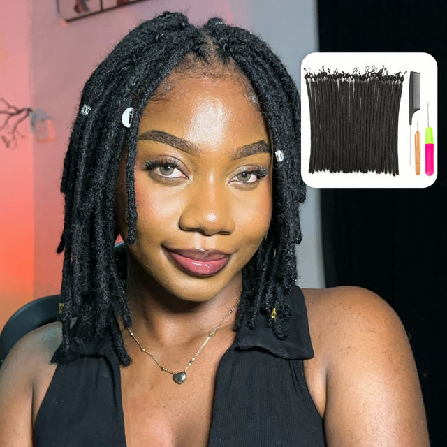 Model showcasing natural black human hair pre-looped dreadlock extensions with crochet tools kit.