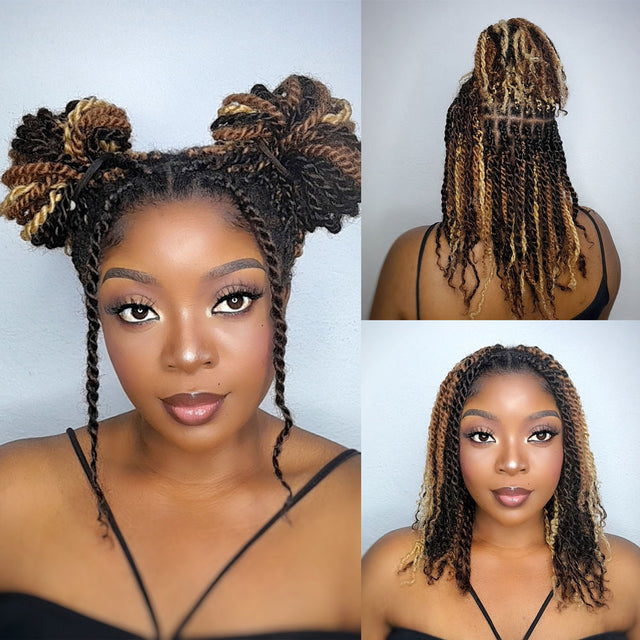 Three-tone 16-inch 4C afro kinky human braiding hair styled in multiple looks.
