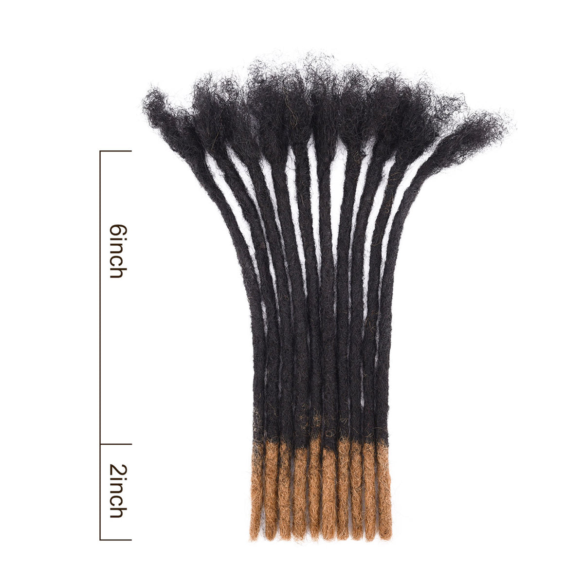 T1B/30 color handmade human hair dreadlocks extensions, natural black to brown tips, 0.4-0.8cm. T1B/30 human hair dreadlocks, 8in (2in brown tips), 0.4-0.8cm thick extensions.