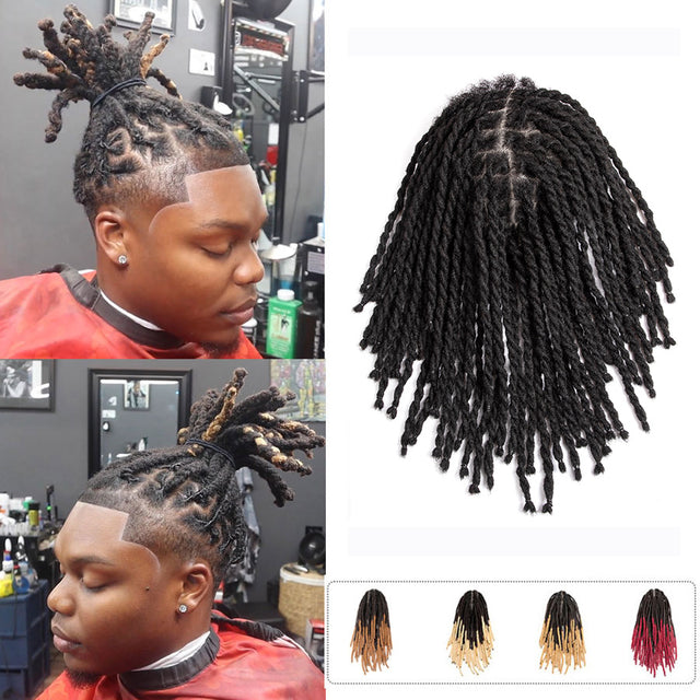 Men's two-strand twist dreadlocks toupee: black, ombre blonde, and black with red tips. 100% human hair base for afro & retwisting locs.