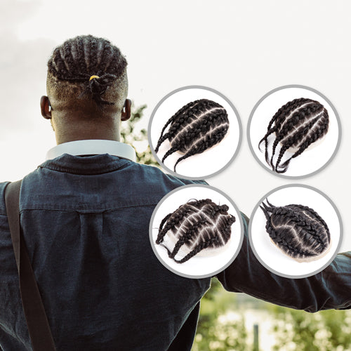 Man wearing cornrow braids toupee, showing detail of natural black human hair base with transparent lace.