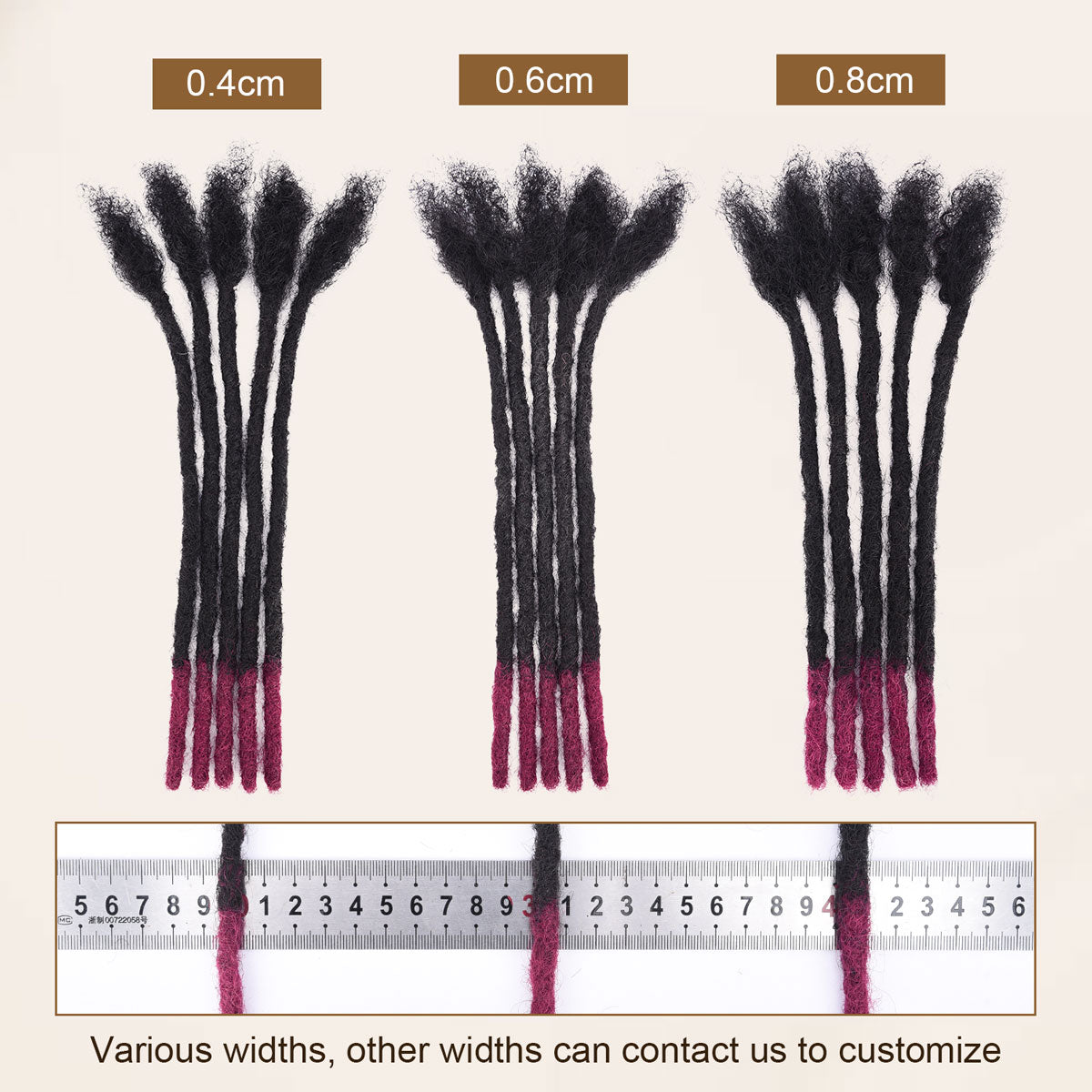 Handmade soft human hair dreadlocks extensions (locs) in 0.4-0.8cm thickness shown with ruler.