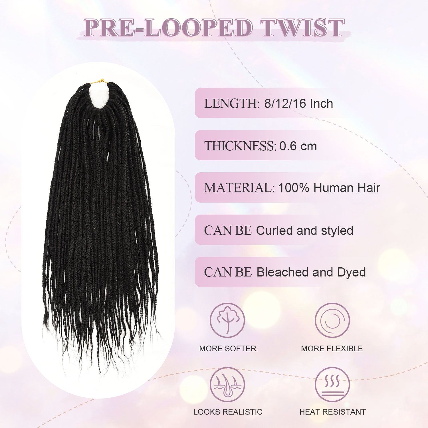 Pre-Looped Crochet Box Braids Human Hair，Natural Black