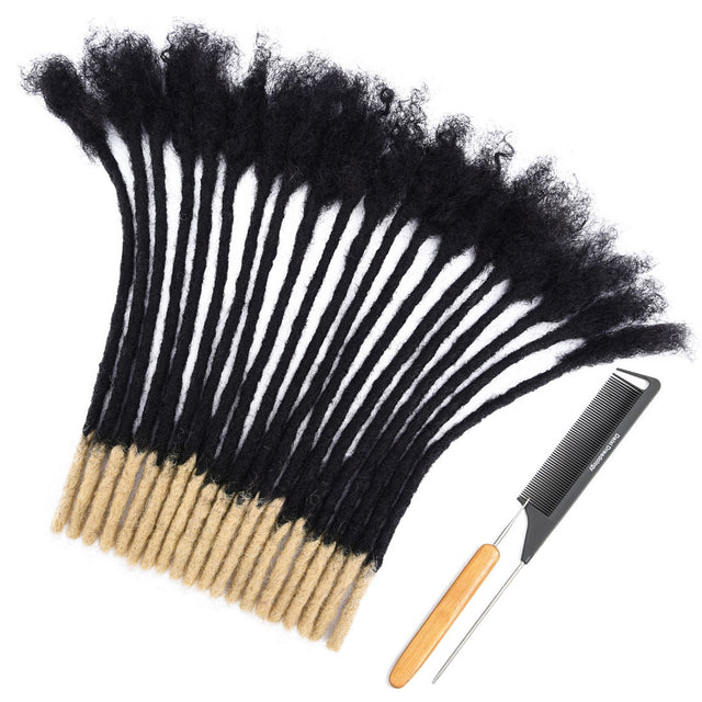 Handmade soft human hair dreadlocks extensions with T1B/613 natural black to blonde tips.