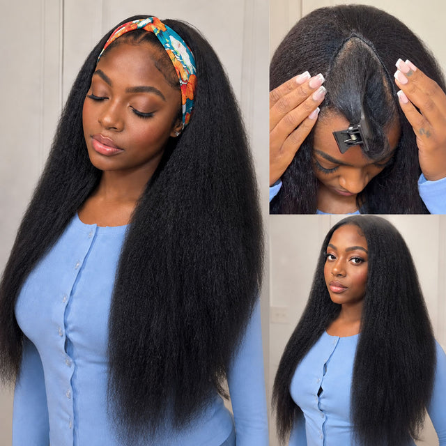 V Part Glueless Drawstring Kinky Straight 100% Human Hair Wig, 210% Density, No Leave Out, Soft Natural Blend, Adjustable Cap, Beginner Friendly Wear and Go Wig