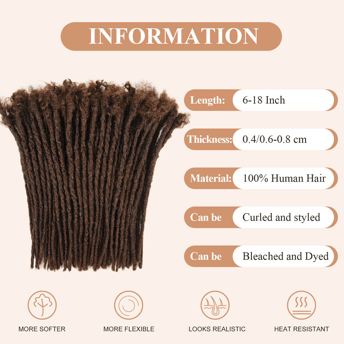 #4 Dark Brown Interlocking Locs 100％ Real Human Hair Loc Extensions, Whole long hair, Full Handmade