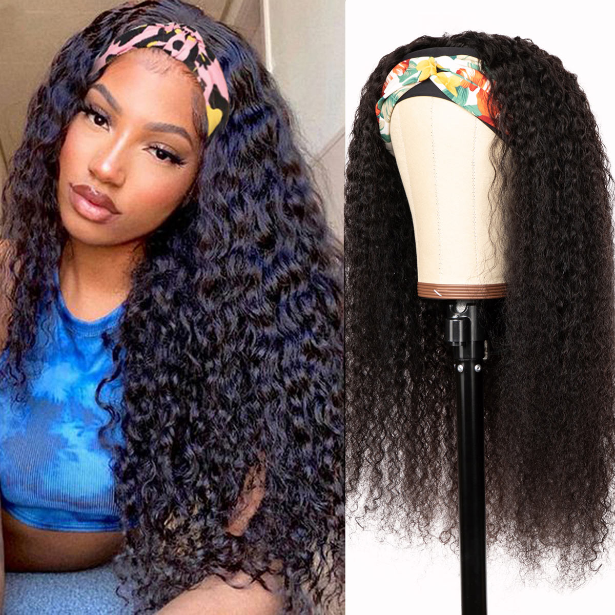 Jerry Curly Headband Wig Human Hair for Black Women Glueless None Wig Full Machine Made Natural Color