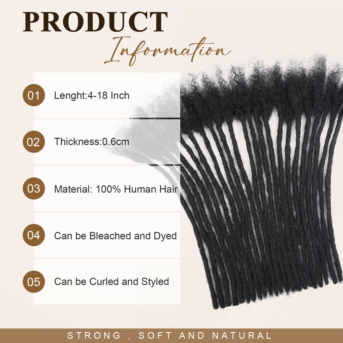 0.6cm human hair dreadlock extensions, 4-18 inch length, medium width, strong, soft, natural