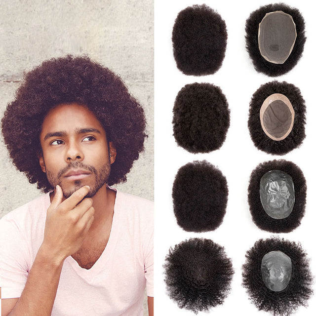 Man with afro hairstyle next to toupee samples with 4-6mm curl, 100% human hair base units.