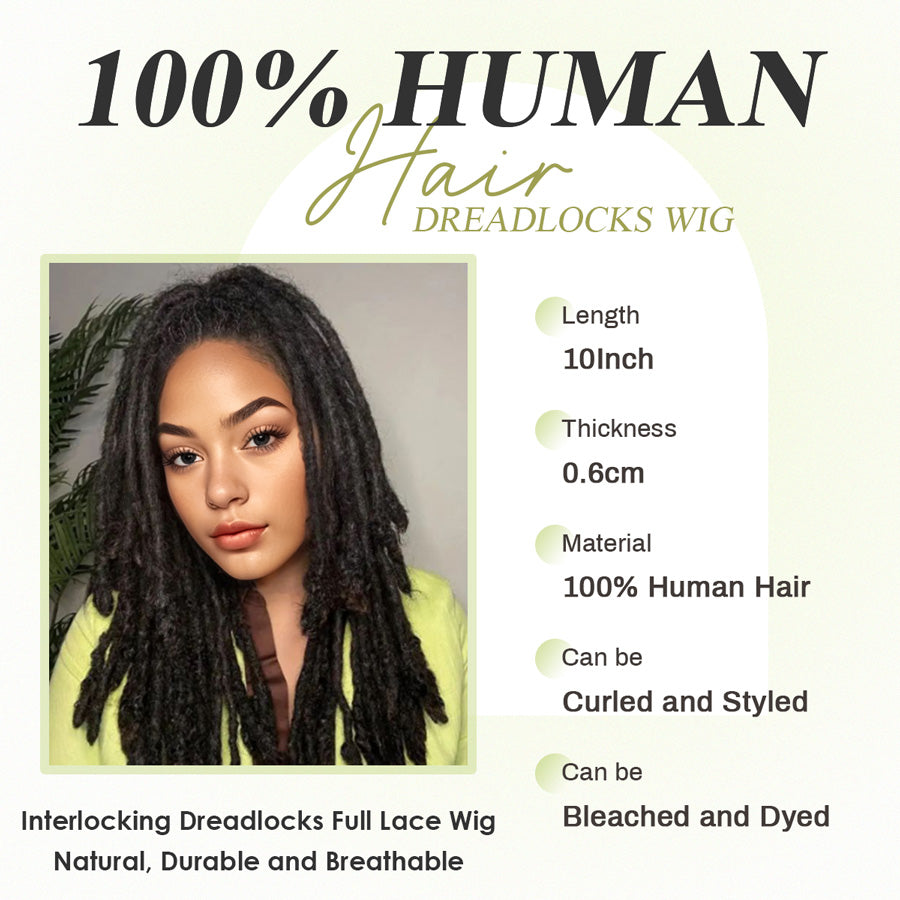 Interlocking Human Hair Dreadlocks Full Lace Wig 10 inches