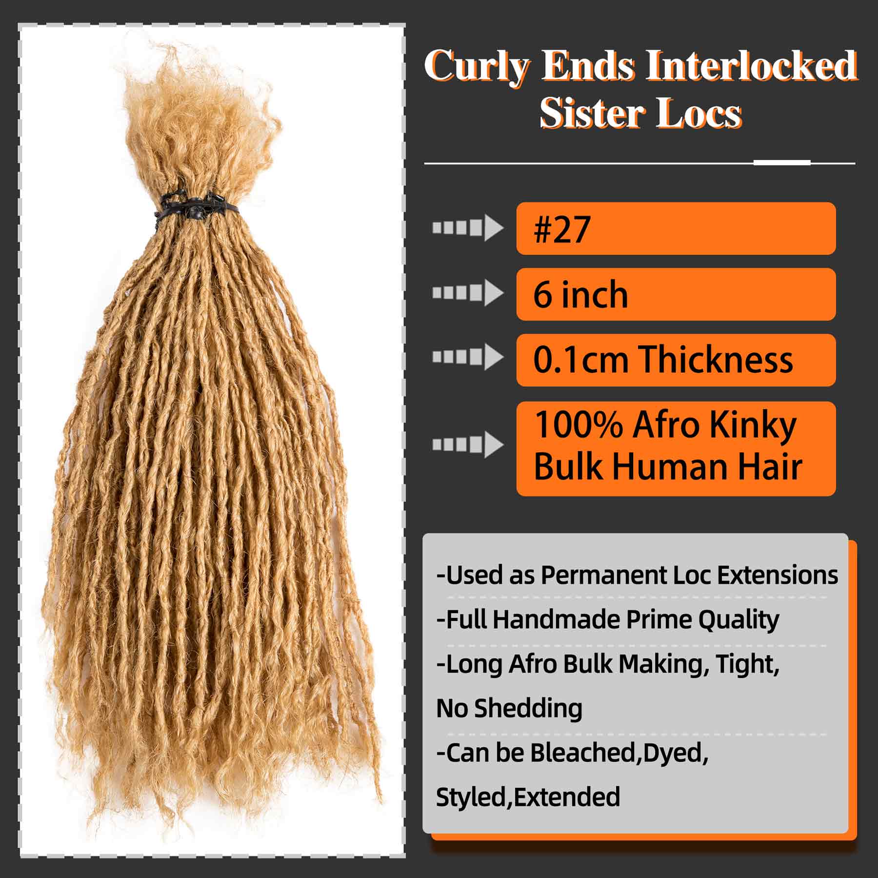 #27 Sister Locs Interlocked 100％ Real Human Hair Loc Extensions, Full Handmade Micro Locs with curly ends