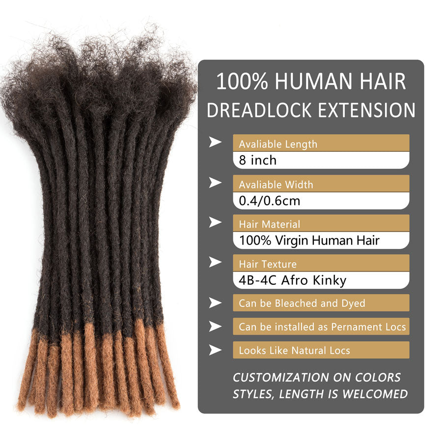 # T1B/30 pointes brunes couleur Extensions de dreadlocks de cheveux humains Locs faits à la main 0.4 cm-0.6 cm d'épaisseur