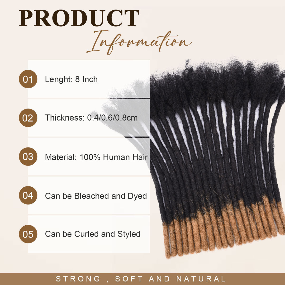 T1B/30 human hair dreadlocks extensions, 8in, 0.4-0.8cm thick, handmade, with brown tips. T1B/30 human hair dreadlock extensions for men/women, 8in, 0.4-0.8cm thick, brown tips.