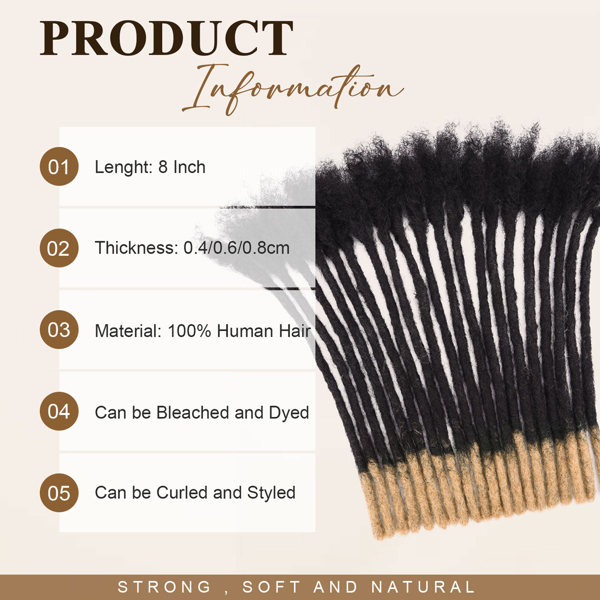 Handmade 100% human hair dreadlocks extensions, 8 inch, 0.4-0.8cm thick, with honey blonde tips.